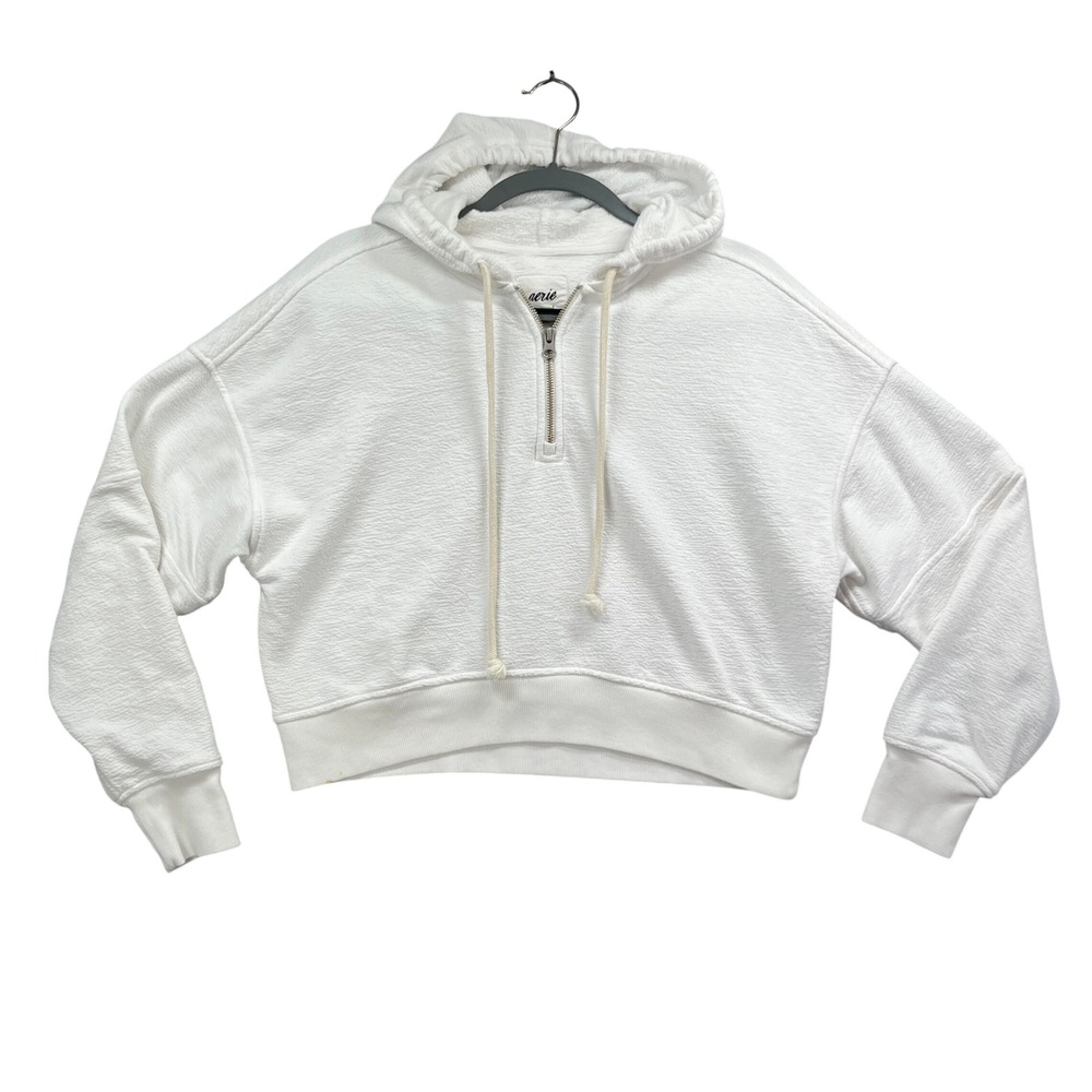 Aerie Hoodie Women XS White Quarter Zip Cropped Textured Casual Pullover Y2K